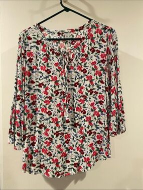 Old Navy White Floral Tie-Neck Blouse with Red and Green Print